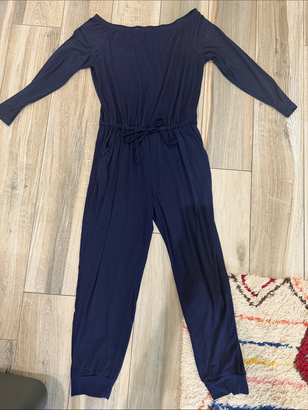 Off-Shoulder Navy Jumpsuit with Drawstring Waist